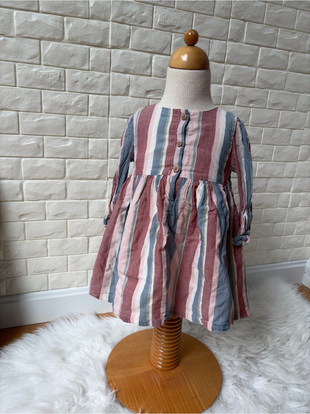 Striped Long-Sleeve Casual Dress for Kids - Pink & Blue
